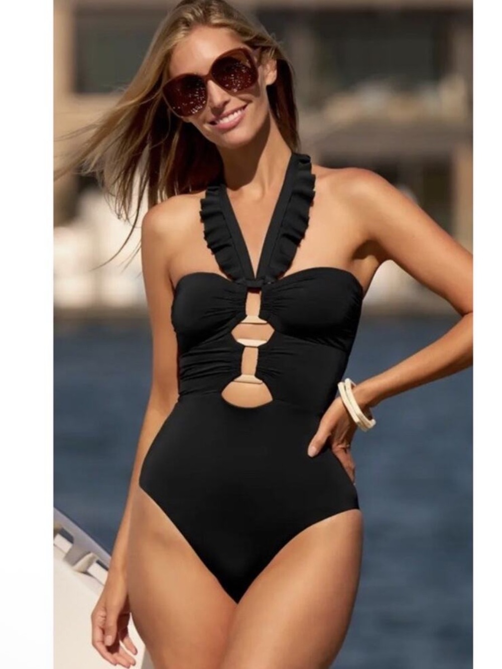 Soluna Swim Buckle Up Black Gold Ring Cutout One Piece Size L NWT